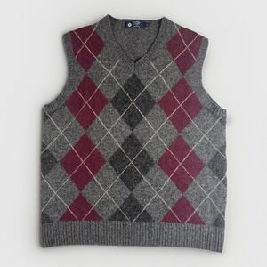 J.Crew Men's Argyle Sweater Vest – 100% Lambswool – Gray Burgundy – Size M
